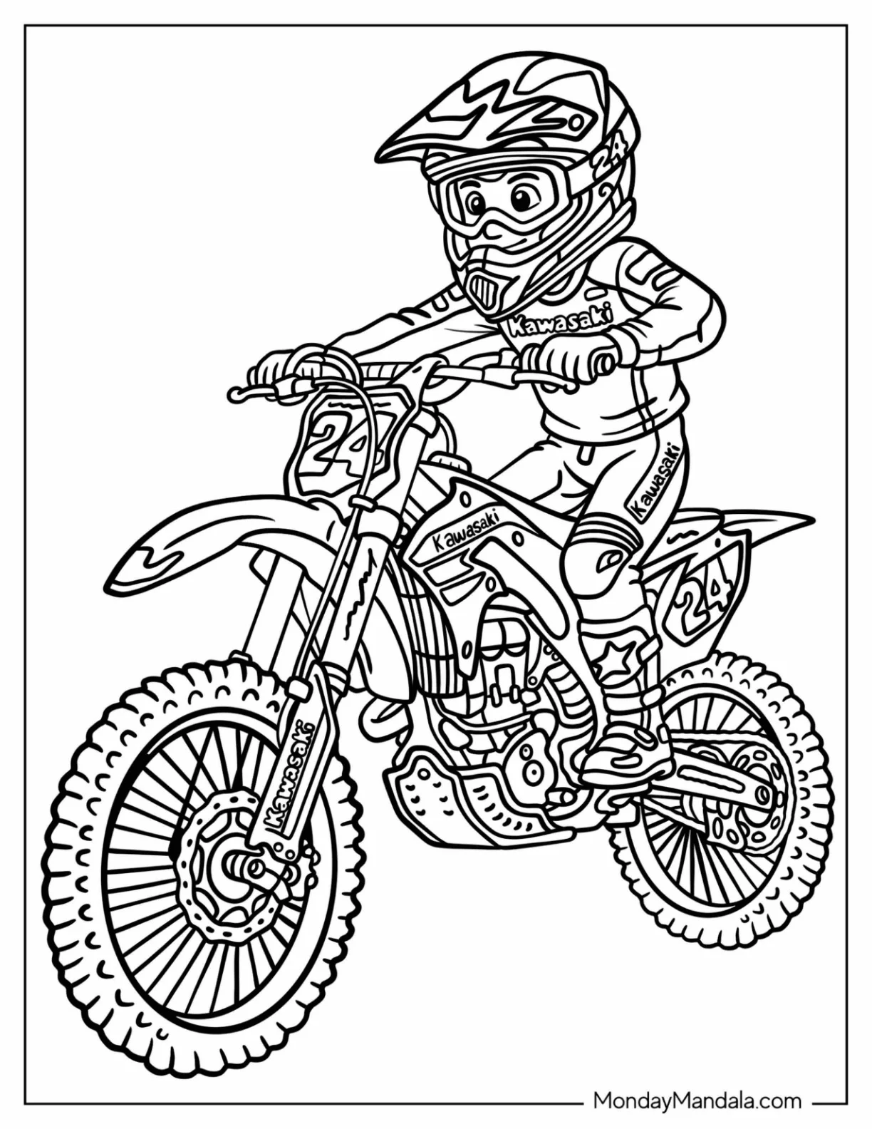 Kawasaki Motocross Rider on Dirt Bike Number 24 Coloring Page coloring page — printable line art
