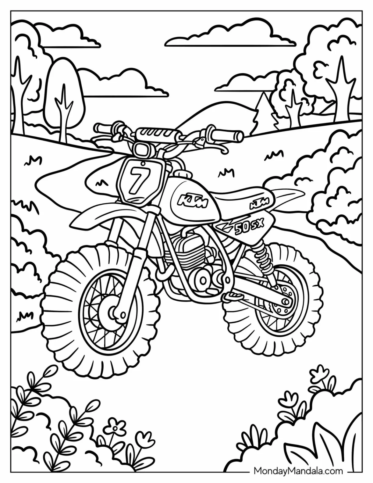 KTM 50 SX Dirt Bike on a Country Trail coloring page