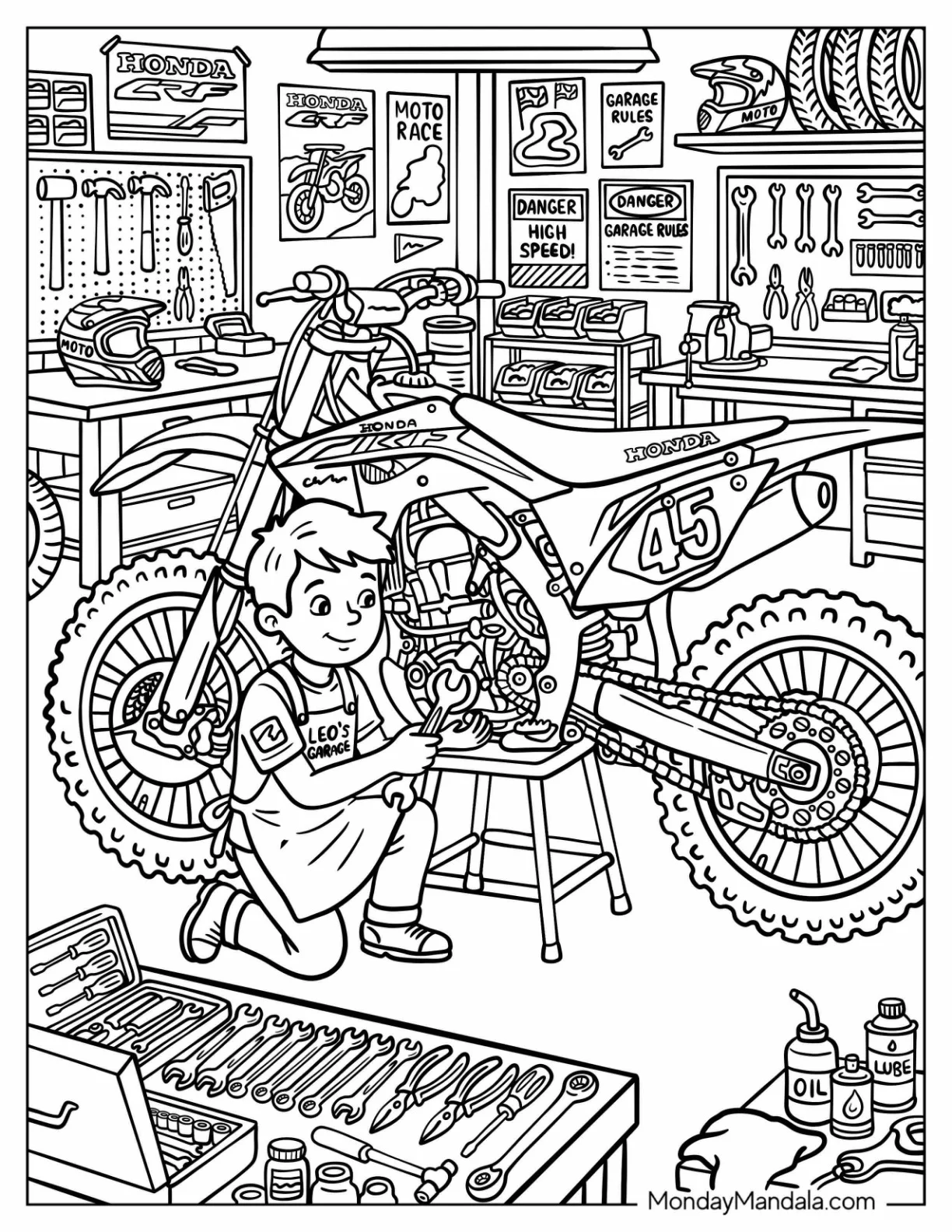 Main Repairing a Honda Dirt Bike Number 45 coloring page — printable line art