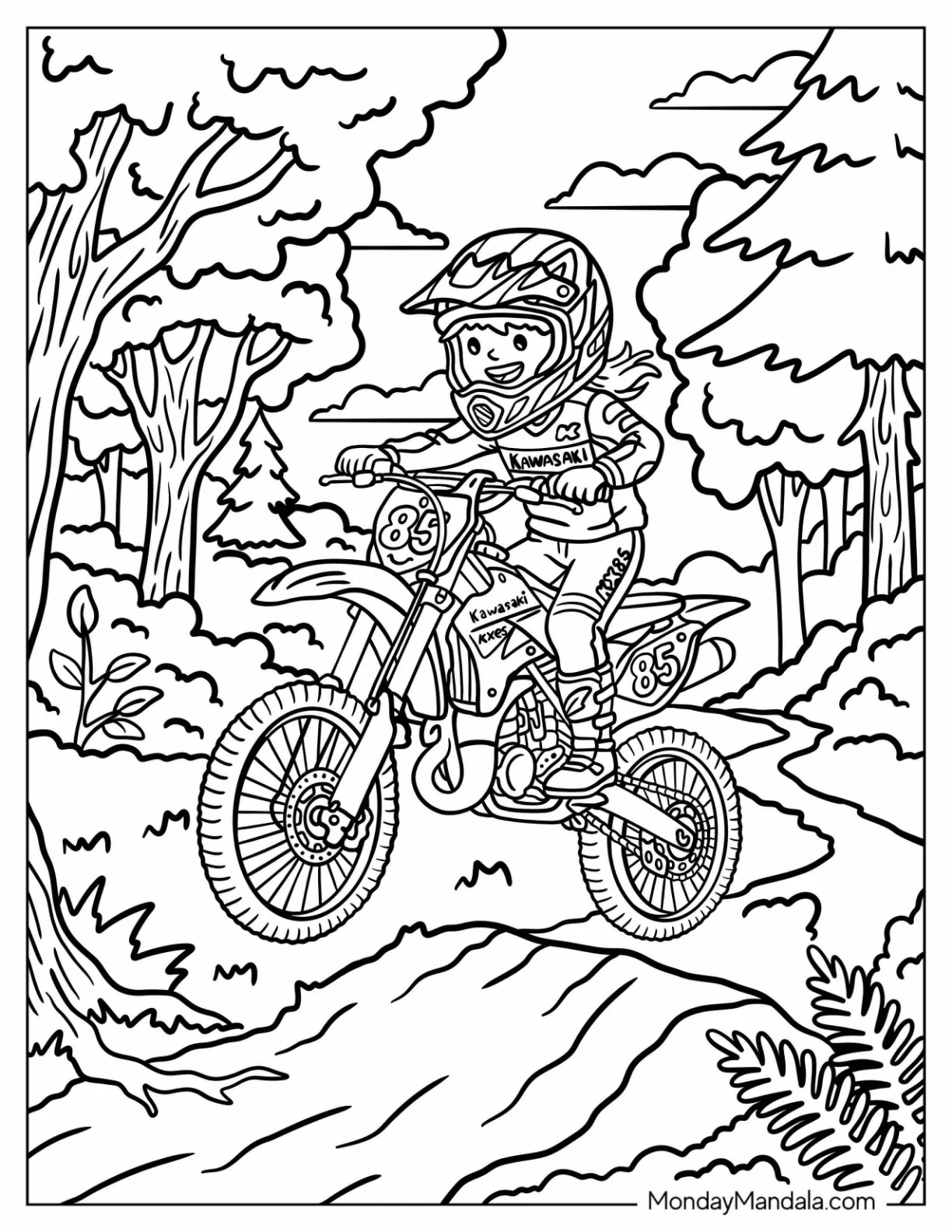 Motocross Rider Jumping Dirt Bike Number 85 on a Forest Trail Coloring Page for Kids coloring page — printable line art
