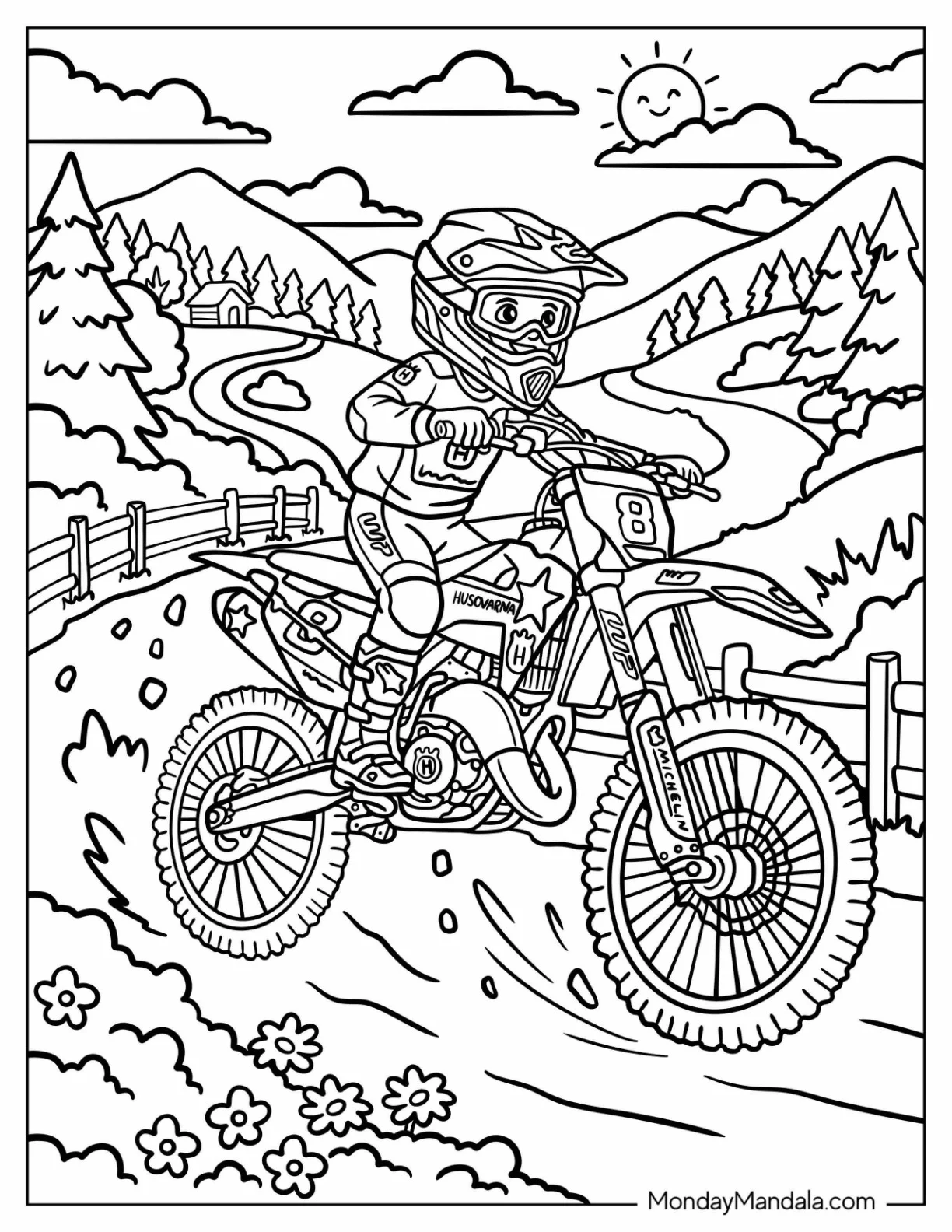 Motocross Rider on Dirt Bike Number 8 Along a Mountain Trail Coloring Page coloring page — printable line art