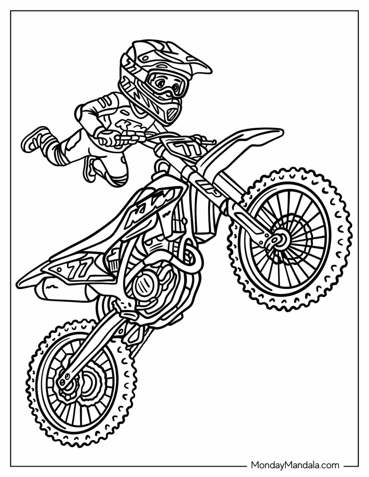 Motocross Rider Performing a Superman Stunt on Dirt Bike Number 77 Coloring Page coloring page — printable line art