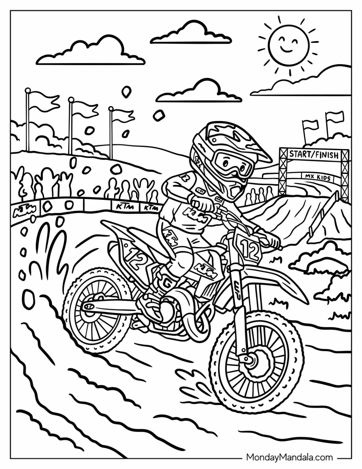 Motocross Rider Racing Dirt Bike Number 12 Toward the Finish Line Coloring Sheet coloring page — printable line art