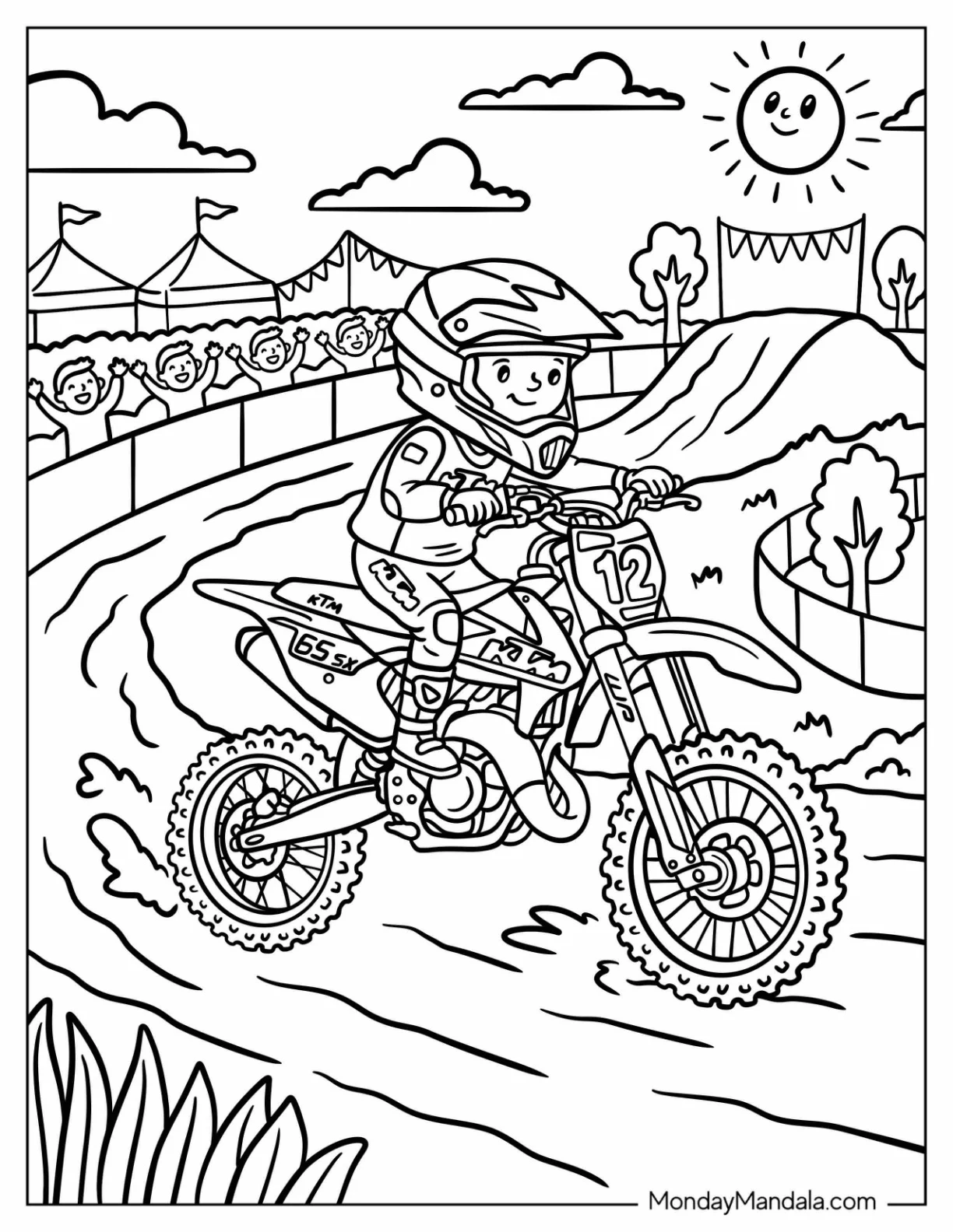 Motocross Rider Racing Dirt Bike Number 72 on a Track Coloring Page coloring page