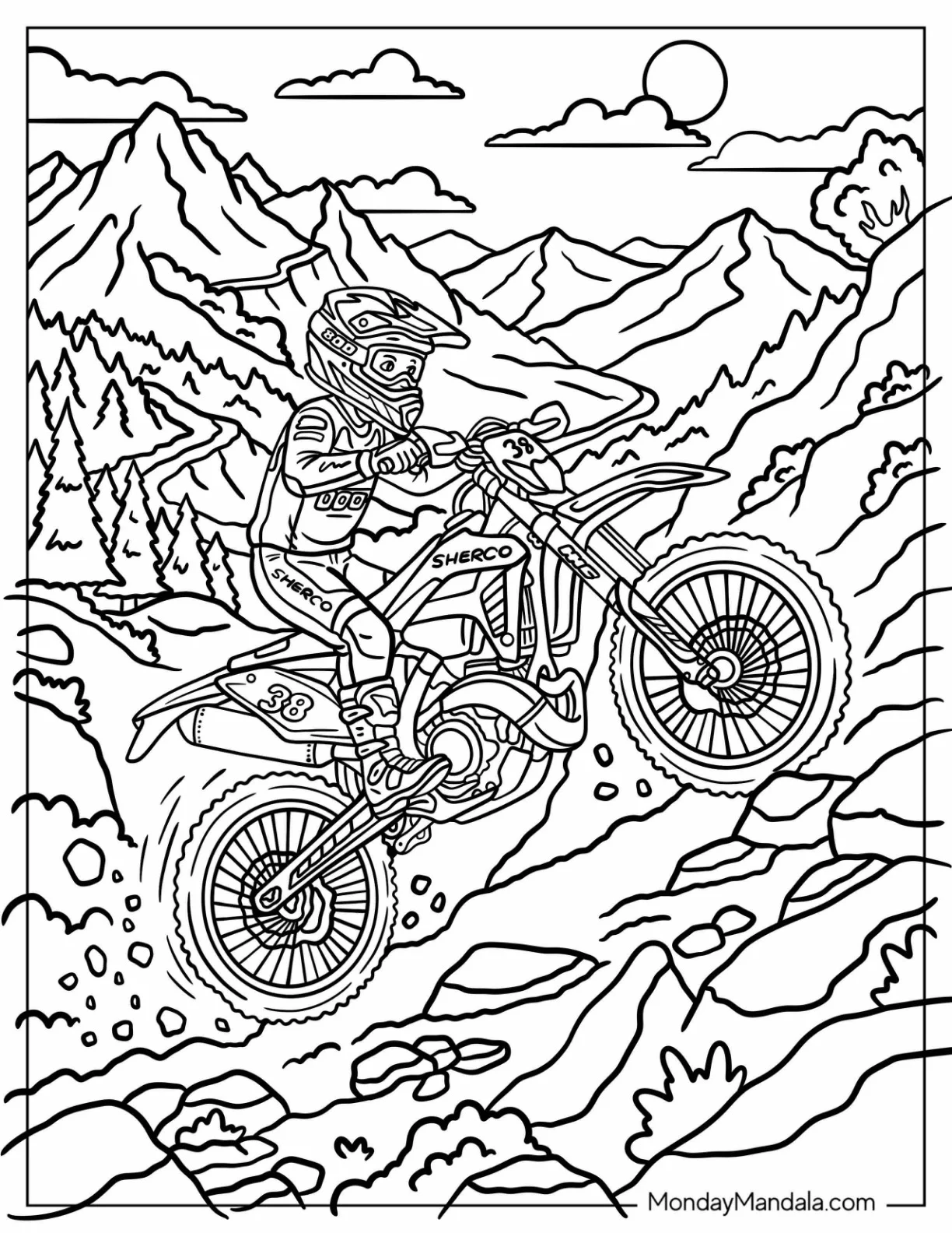 Sherco Dirt Bike Rider Climbing a Rocky Mountain Trail Coloring Sheet coloring page