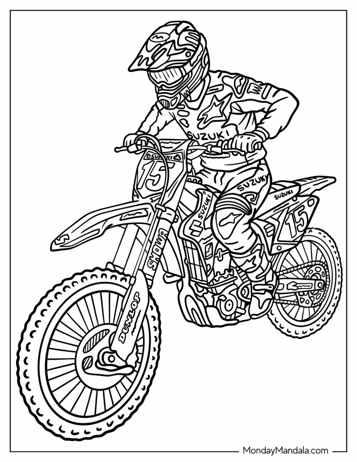 Suzuki Motocross Rider on Dirt Bike Number 15 coloring page