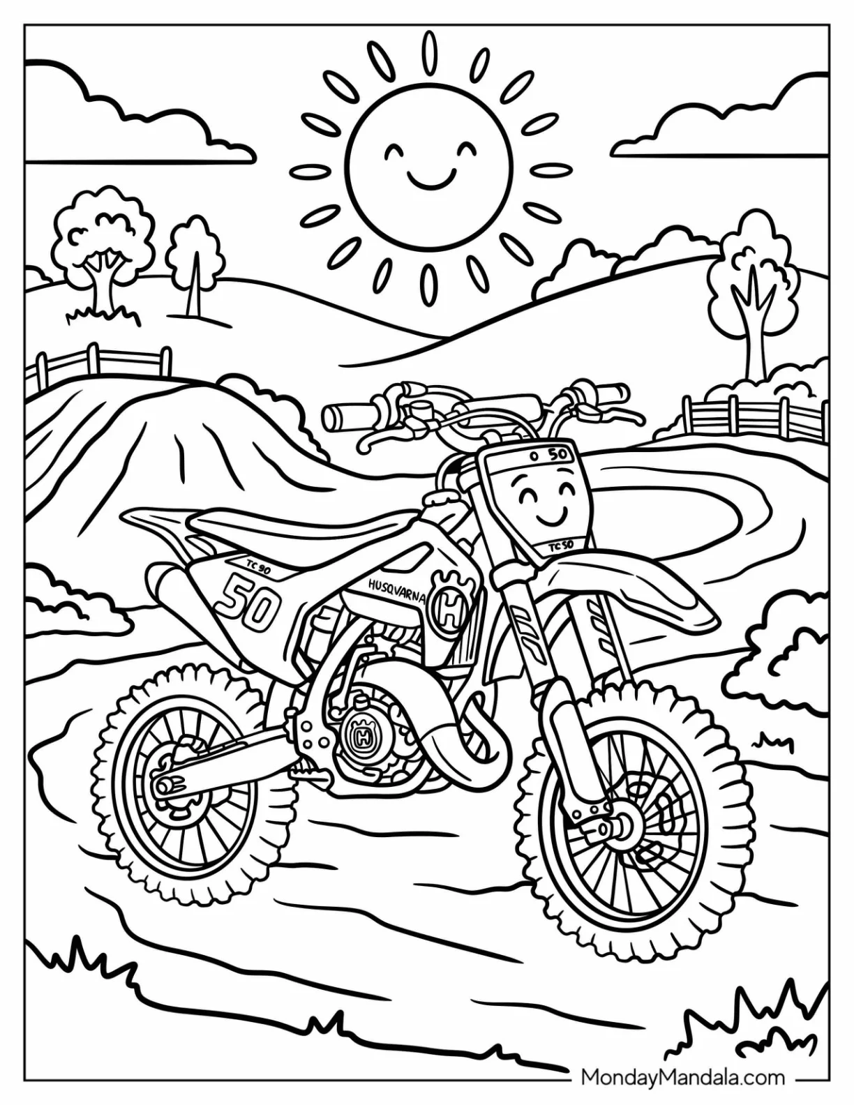 Yamaha Dirt Bike Number 50 on a Sunny Motocross Track Coloring Sheet coloring page