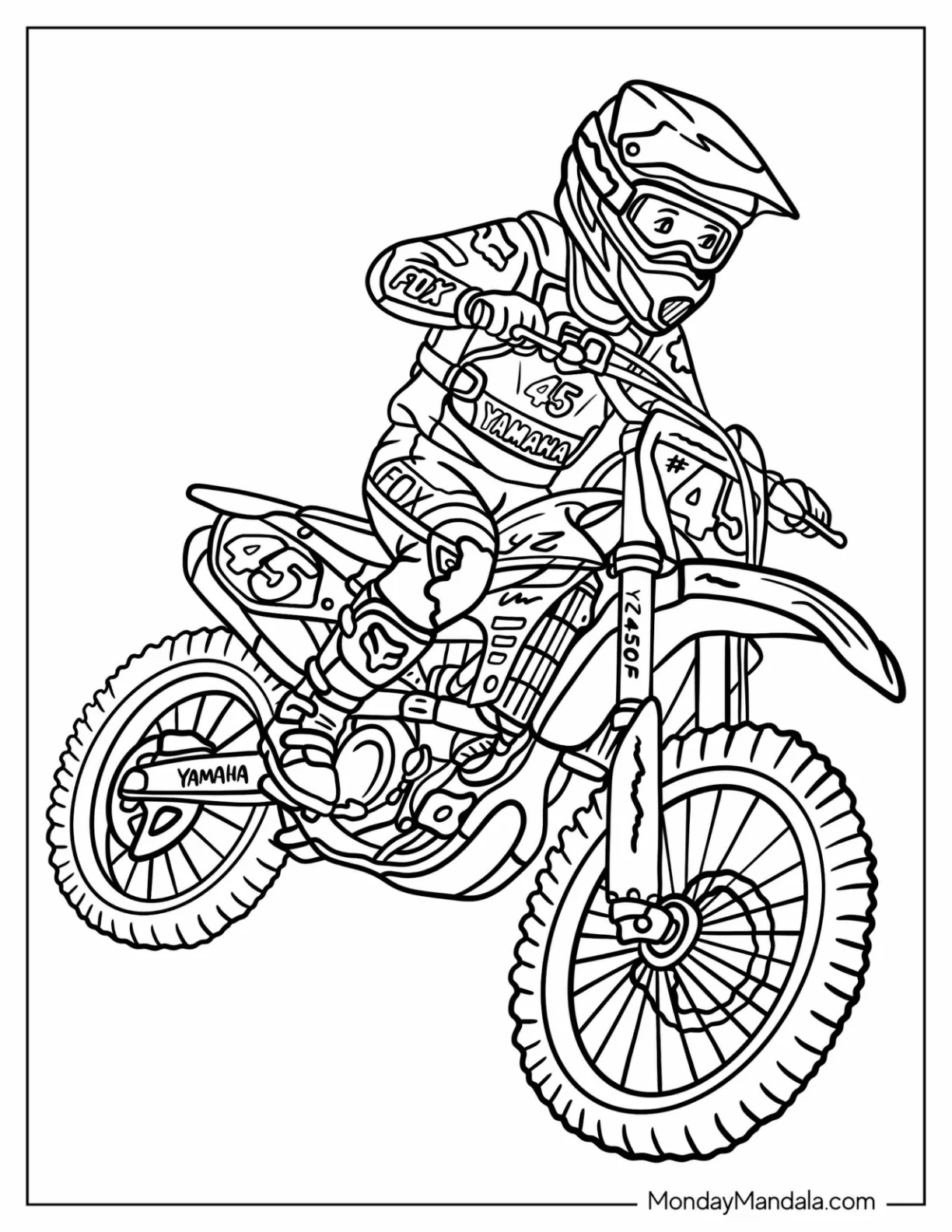 Yamaha Motocross Rider on Dirt Bike Number 45 Coloring Page for Kids coloring page