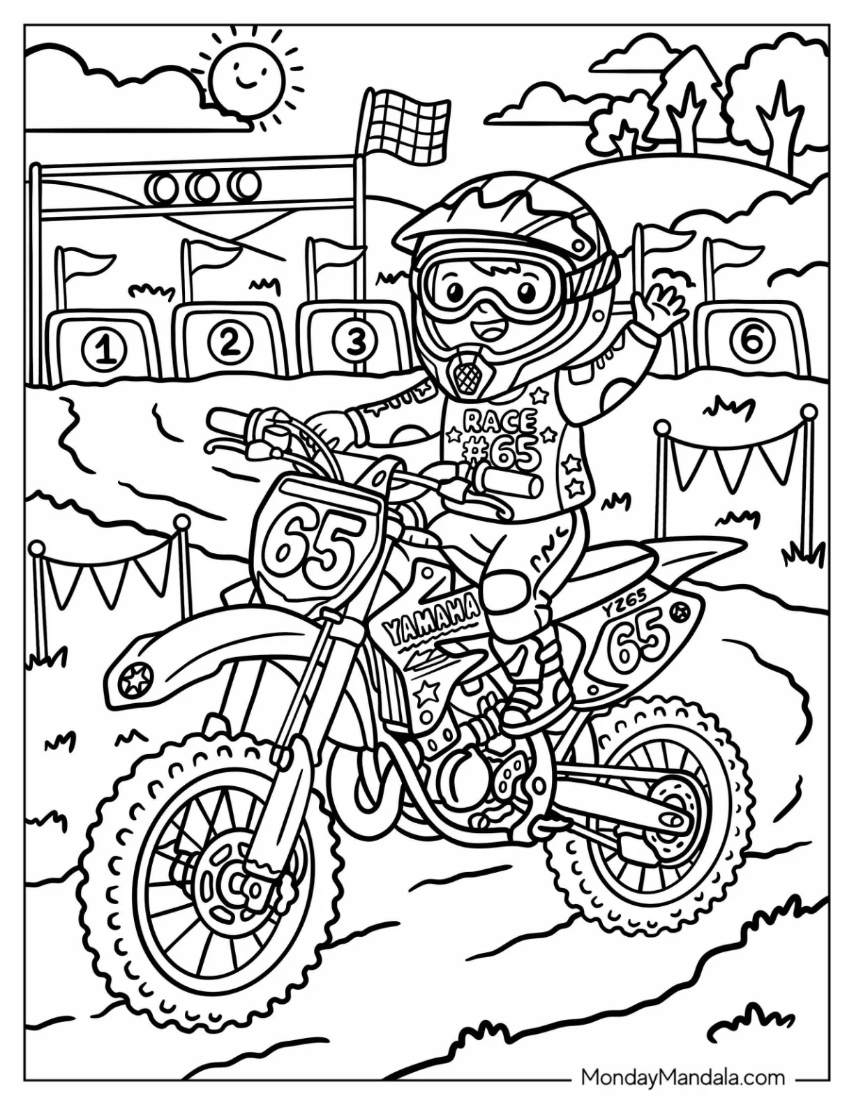 Yamaha Motocross Rider Waving on Dirt Bike Number 65 coloring page