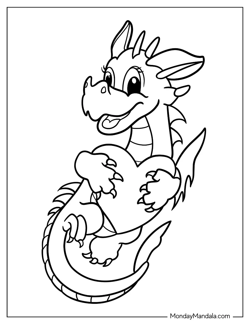 Adorable Little Dragon Hugging A Love Heart Coloring Page For Kids coloring page