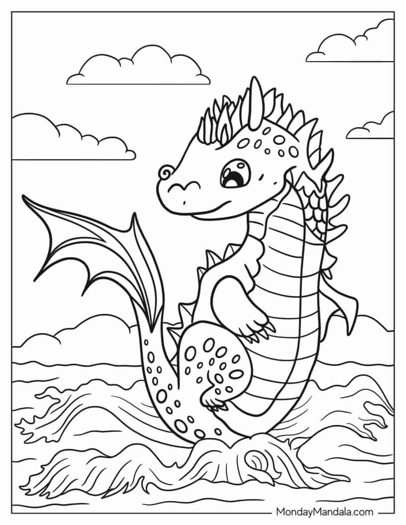 Adorable Water Dragon To Color coloring page — printable line art