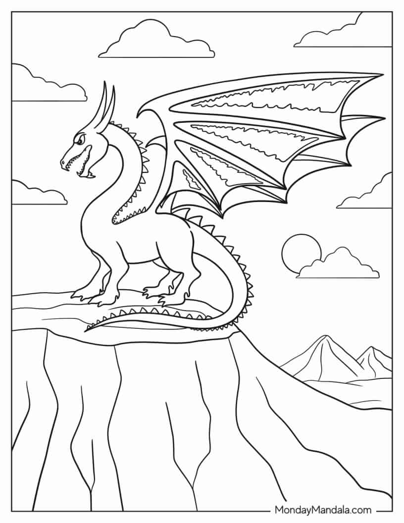 Angry Looking Dragon On a Mountain coloring page — printable line art
