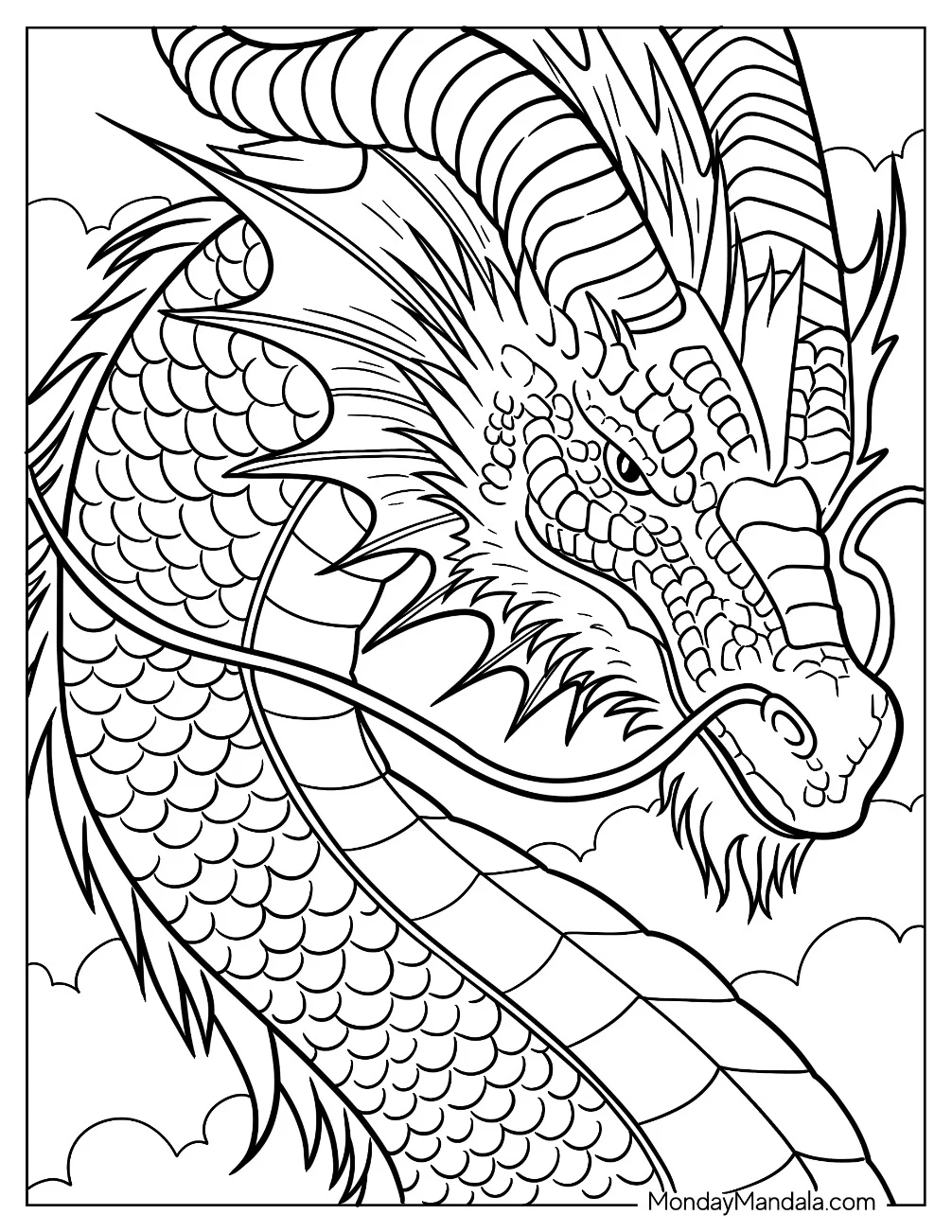 Close Up Of Majestic Dragon coloring page — printable line art