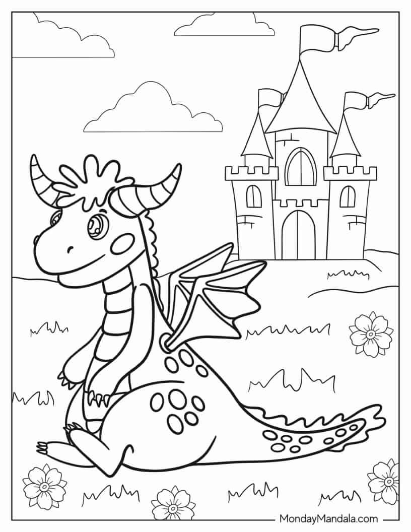 Coloring Sheet Of Dragon Next To Castle For Preschoolers coloring page