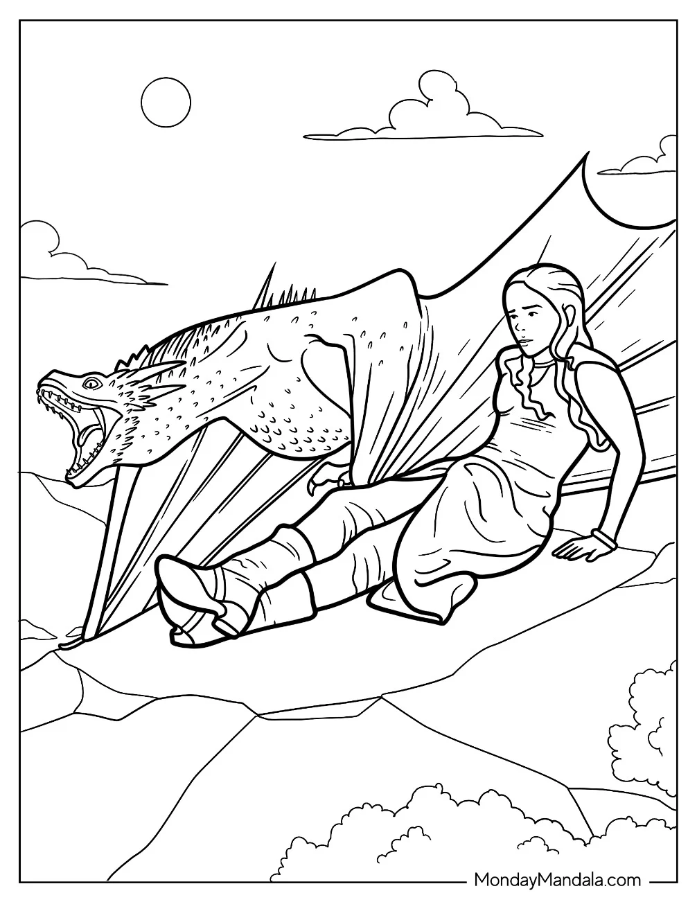 Daenerys Targaryen Sitting On A Rock Next To Her Dragon coloring page — printable line art