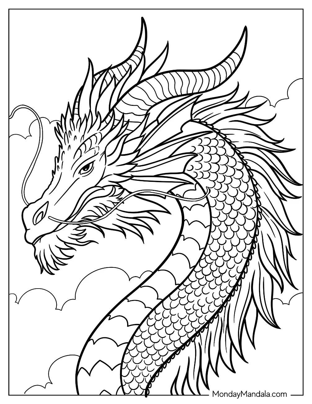 Detailed Dragon With Long Whiskers And Big Horns Coloring Page coloring page — printable line art