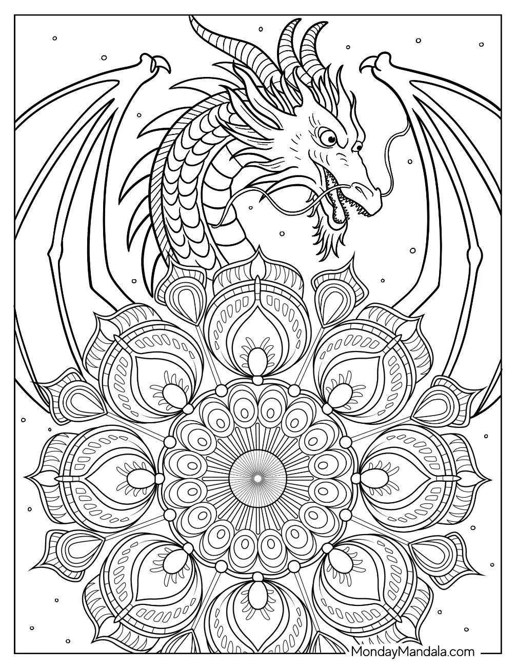 Dragon Behind A Flower Mandala Coloring Page coloring page