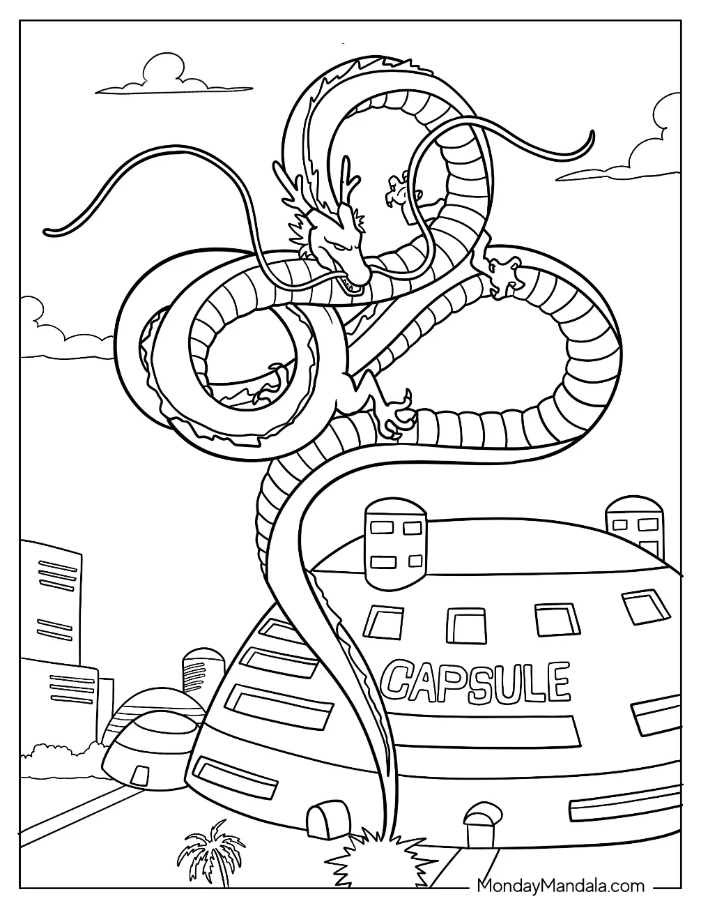 Dragon Emerging Outside Of Goku s Capsule House coloring page