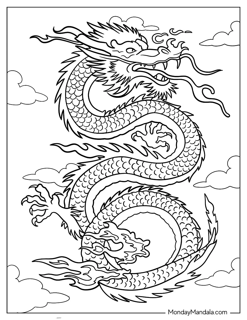 Dragon Flying In A Cloudy Sky Coloring Page coloring page — printable line art