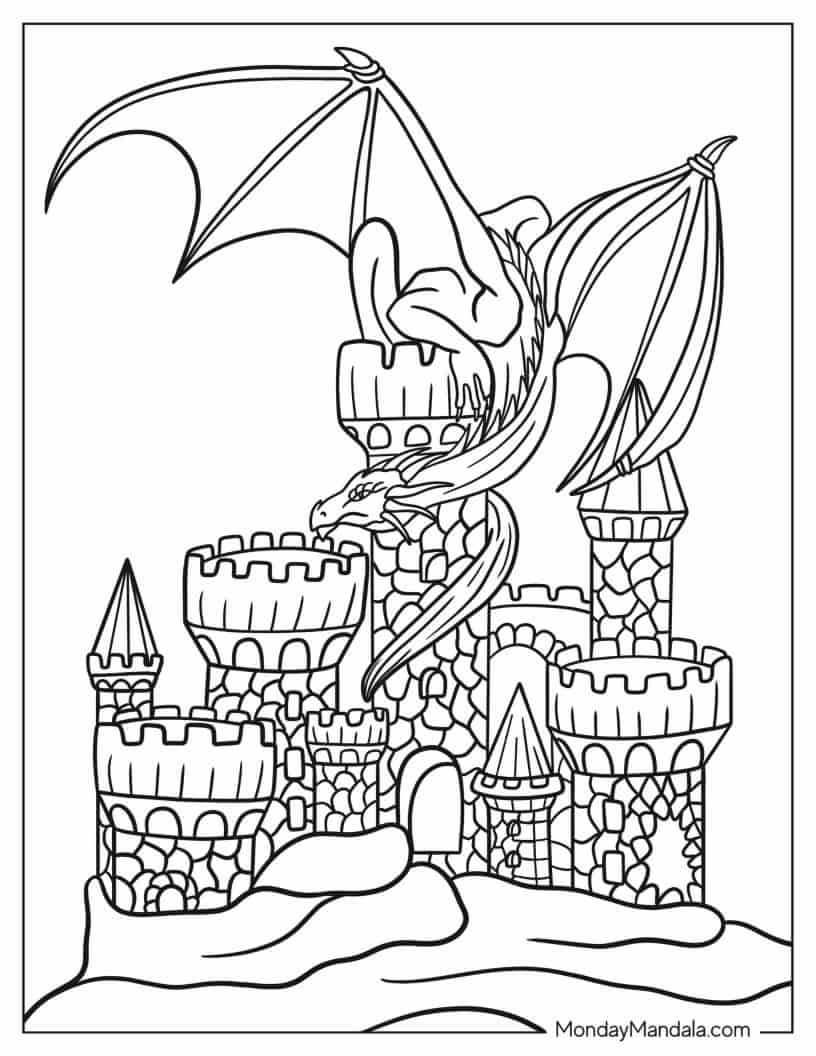 Dragon On Top Of Medieval Castle To Color coloring page — printable line art