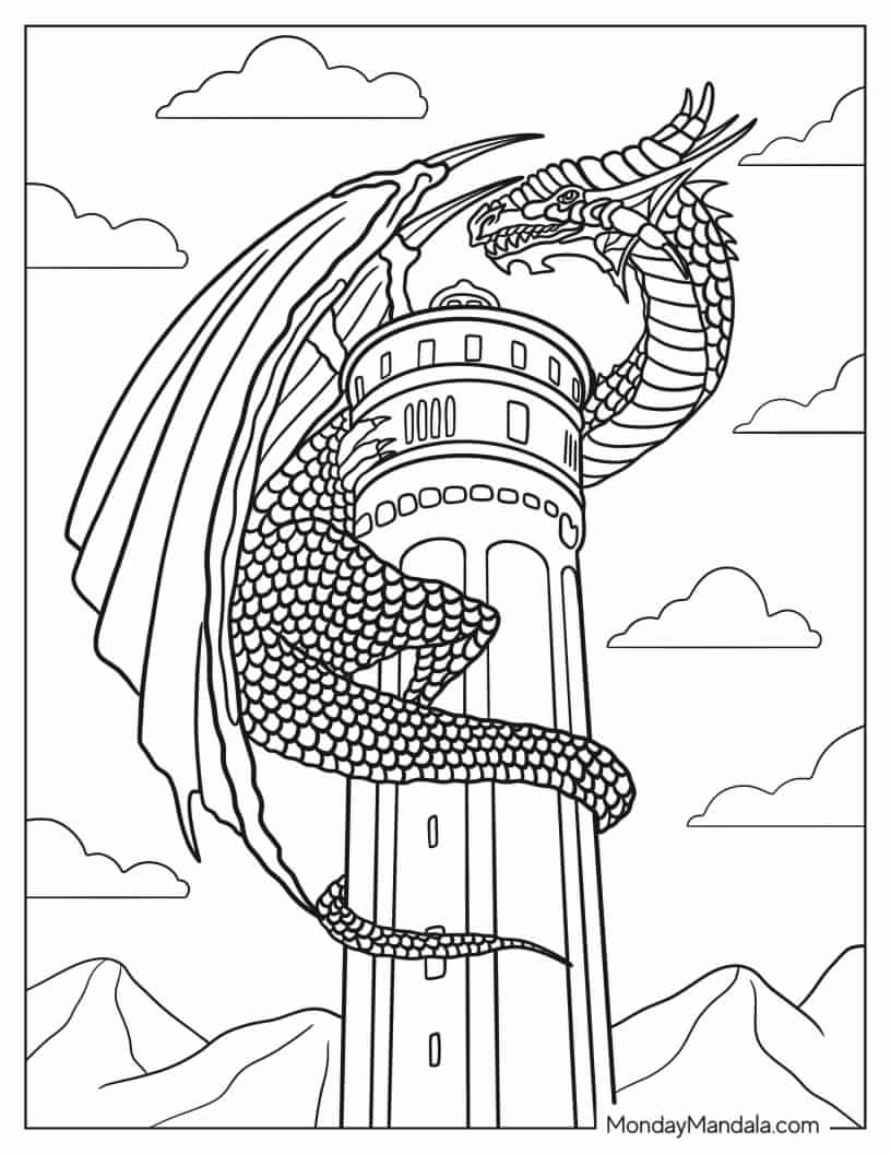Dragon With Large Scales Wrapped Around Castle Tower coloring page