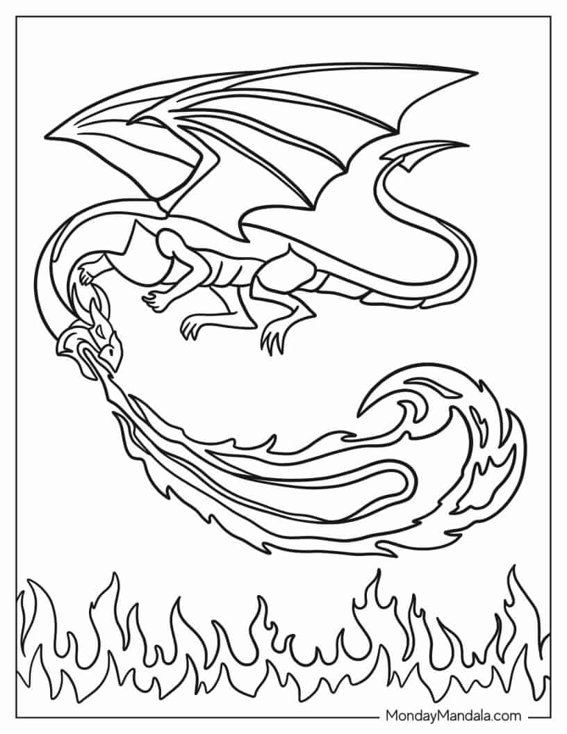 Fierce Looking Dragon Breathing Fire To Color coloring page — printable line art