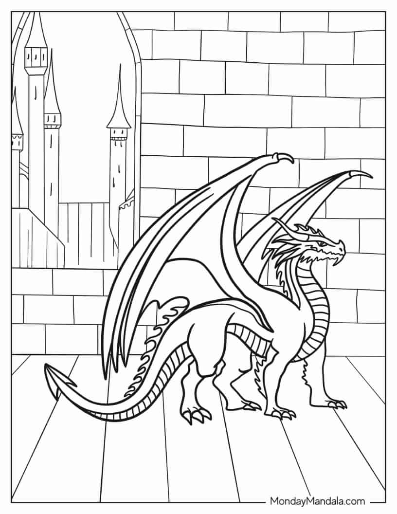 Fierce Looking Dragon Next To Castle coloring page — printable line art