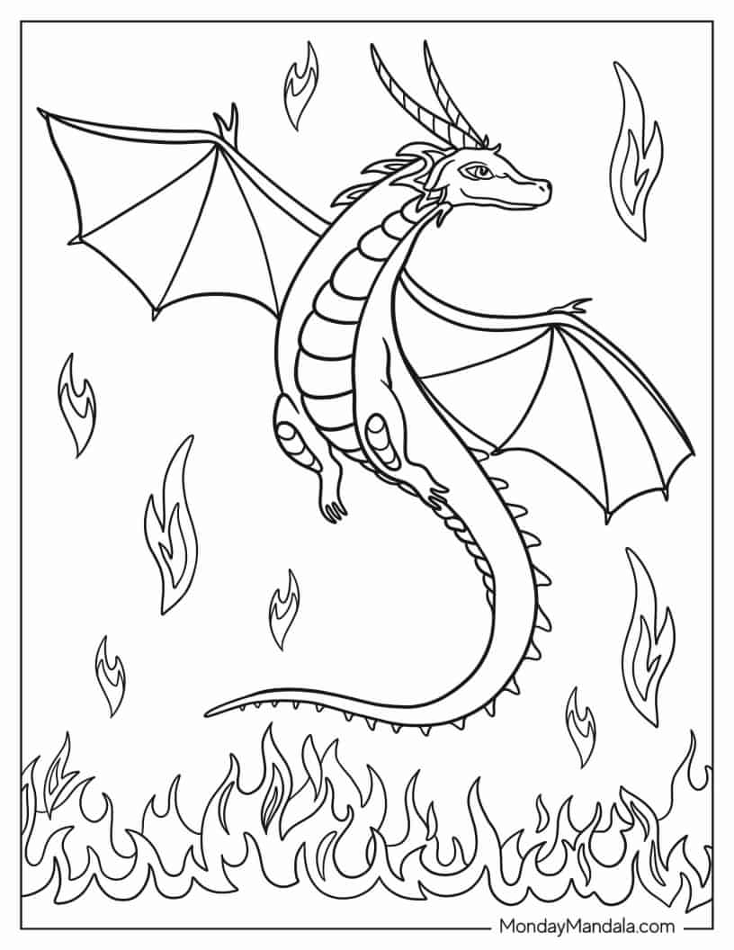 Flying Dragon To Color With Flames coloring page