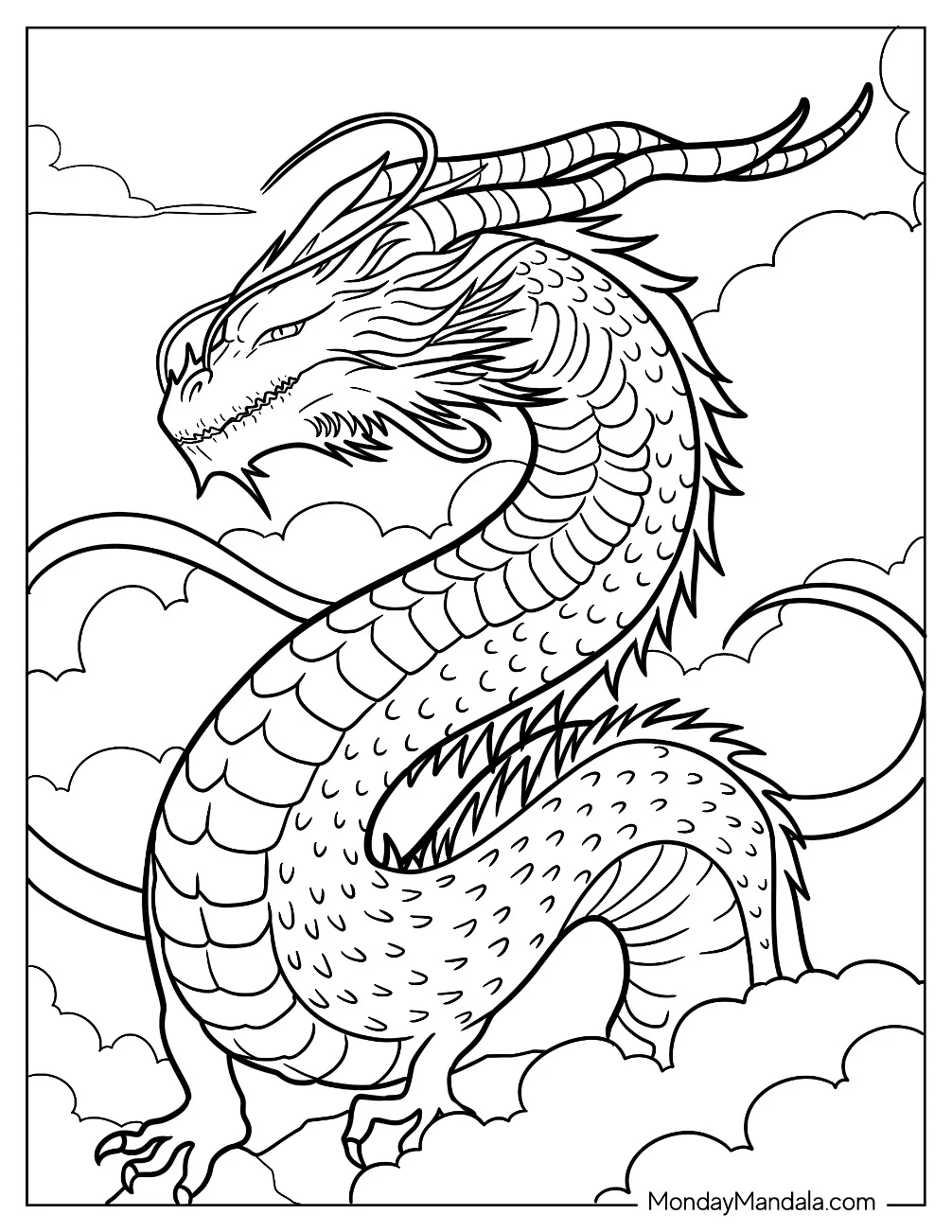 Massive Dragon Emerging From The Clouds Coloring Page coloring page