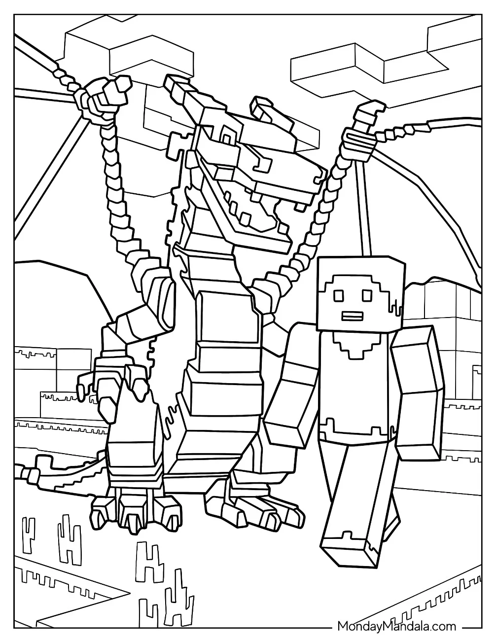 Minecraft Steve With Dragon Coloring Page For Kids coloring page