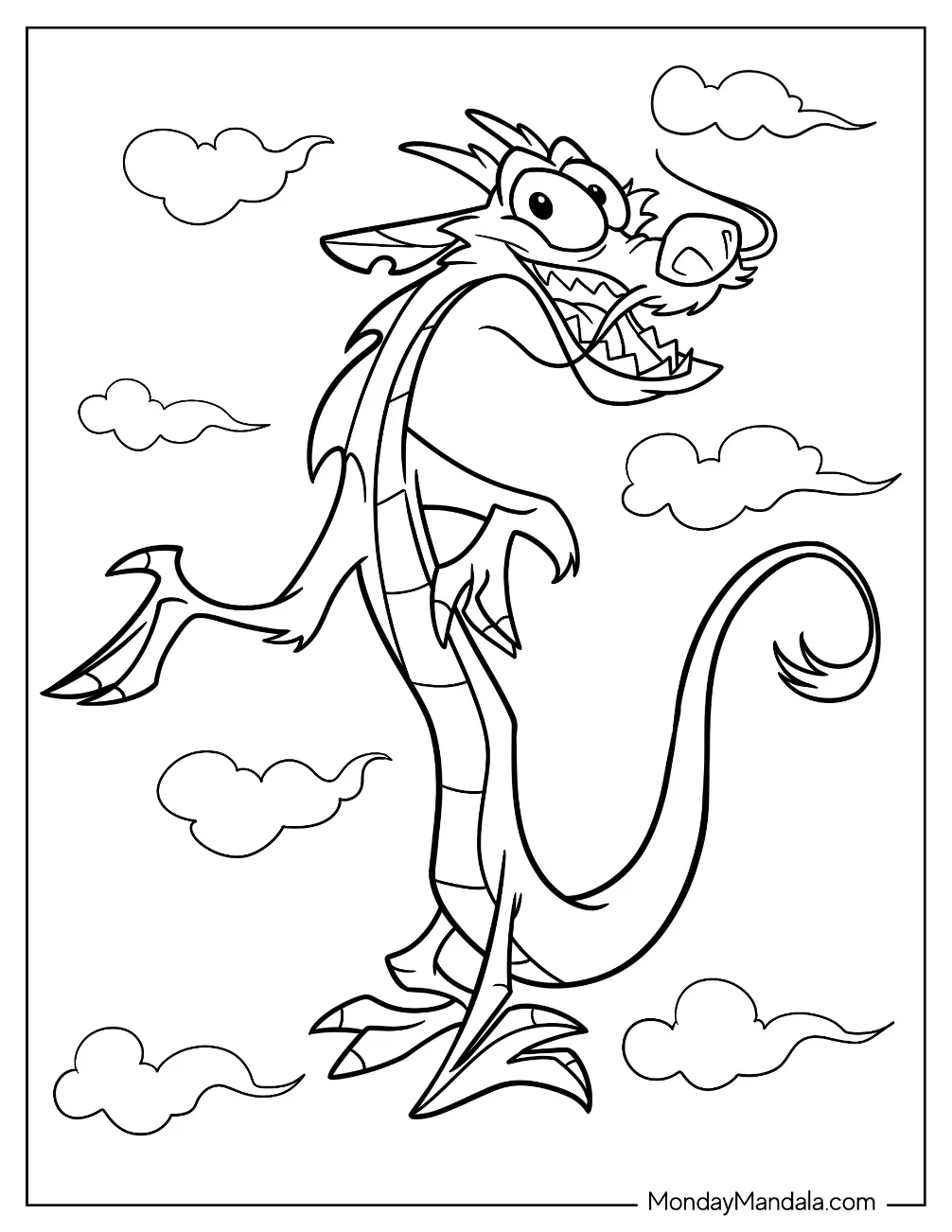 Mushu Dragon With Cloudy Sky Background Coloring Page For Kids coloring page