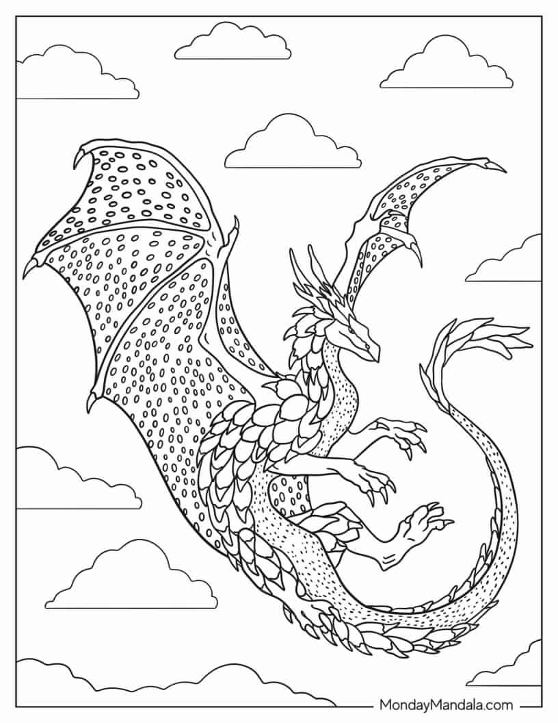 Mythical Dragon With Wings Spread coloring page — printable line art