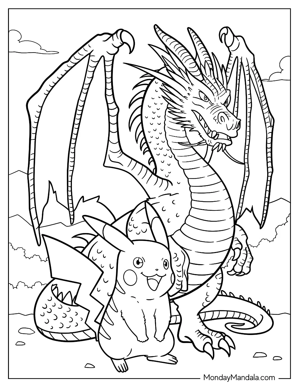 Realistic Charizard With Pikachu In The Forest Coloring Sheet coloring page