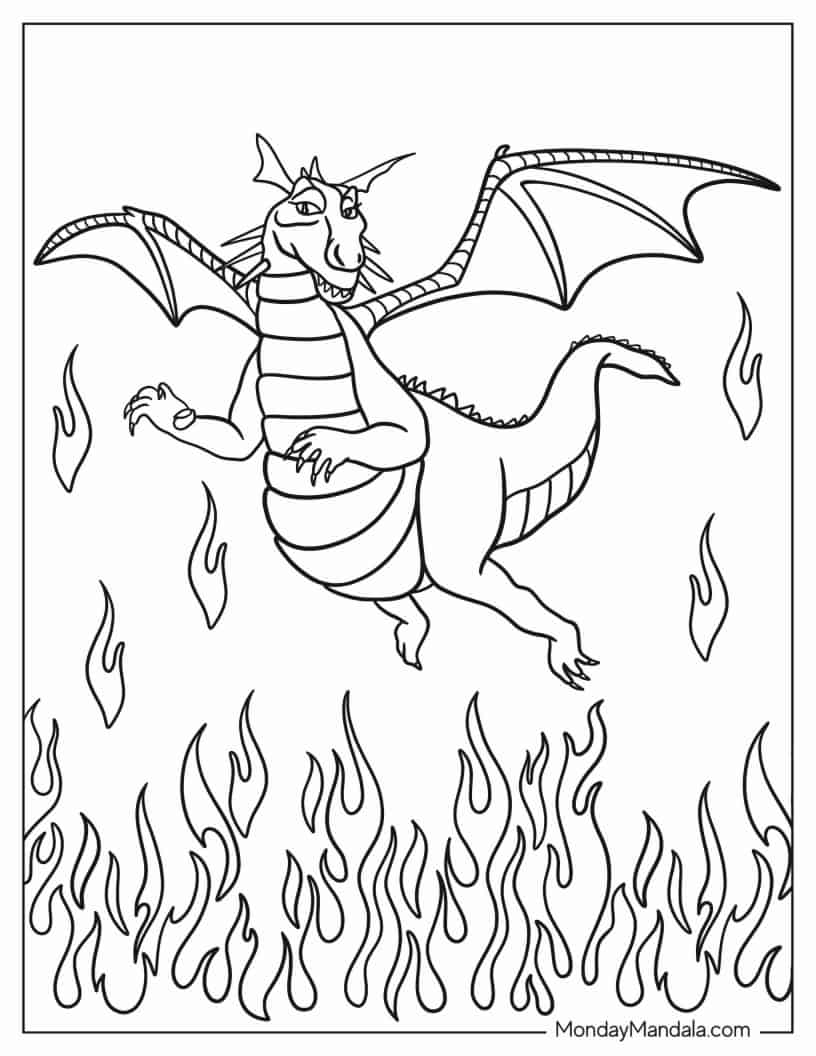 Shrek Dragon Flying Over Fire coloring page