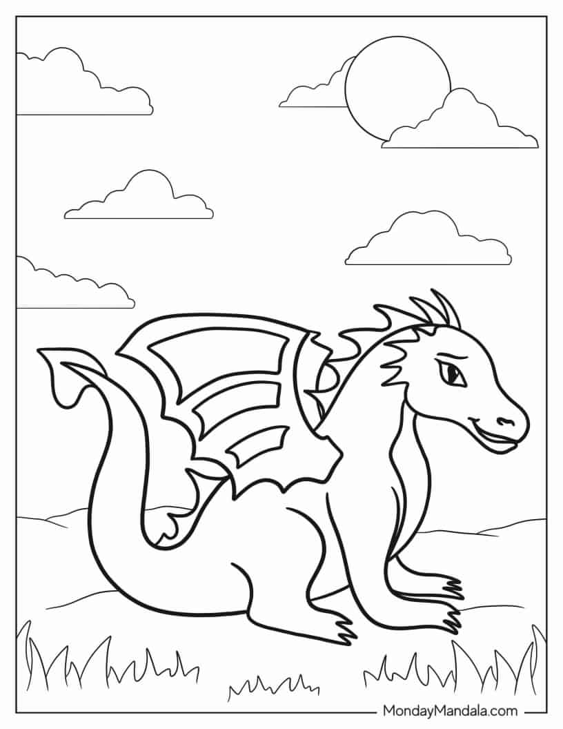 Simple Outline Of a Dragon To Color For Kids coloring page — printable line art