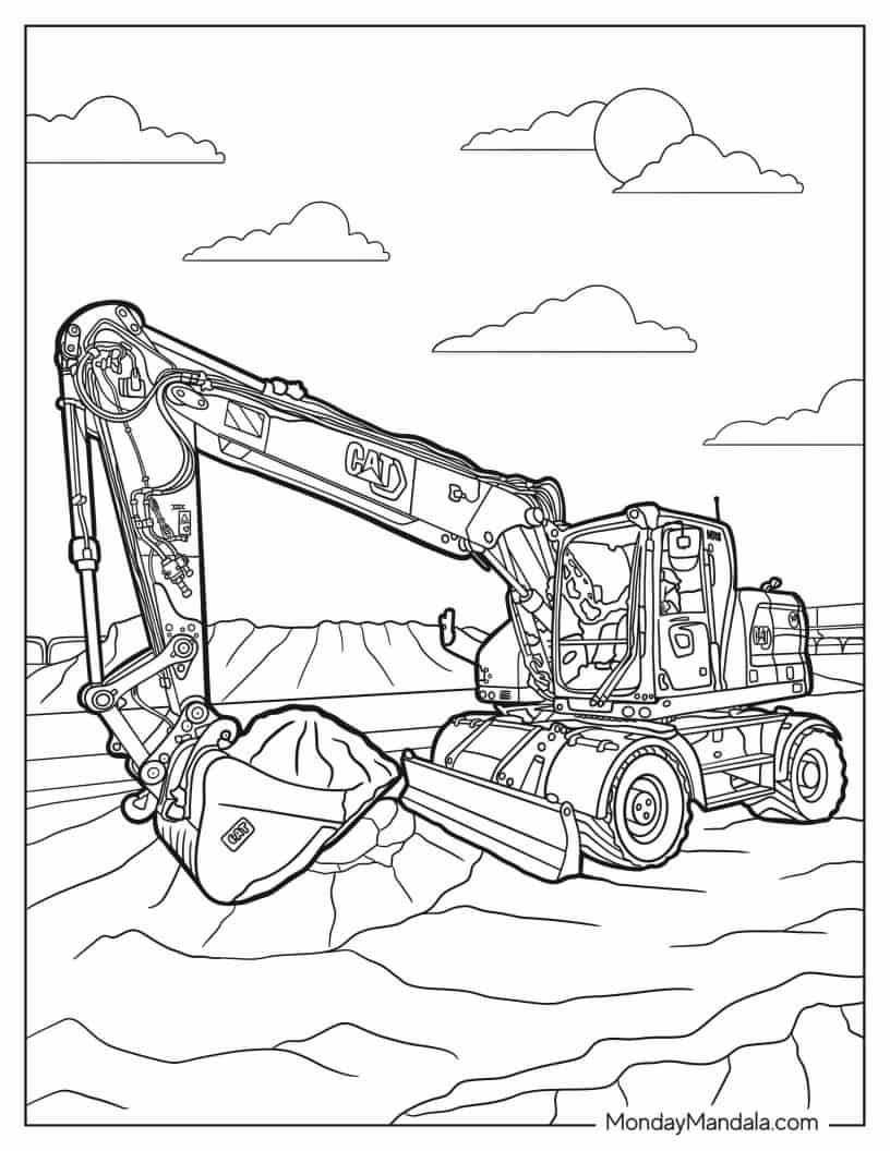 CAT Excavator With Wheels coloring page