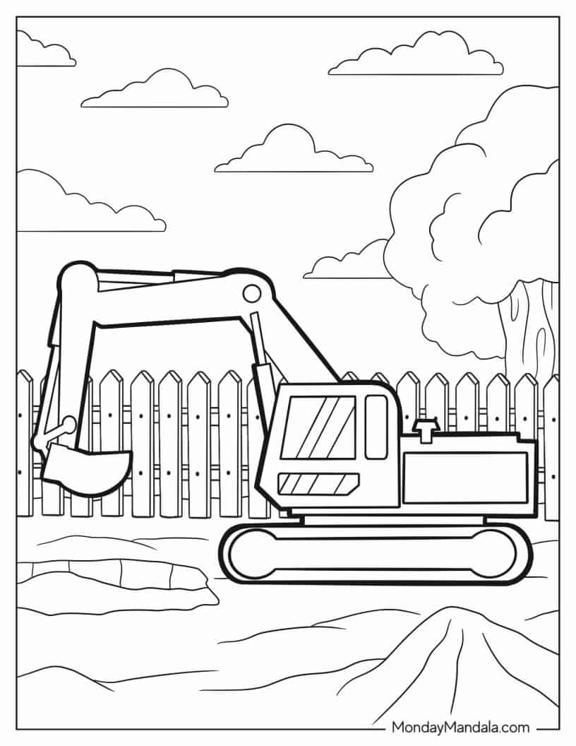 Digger Moving Around Building Site coloring page — printable line art