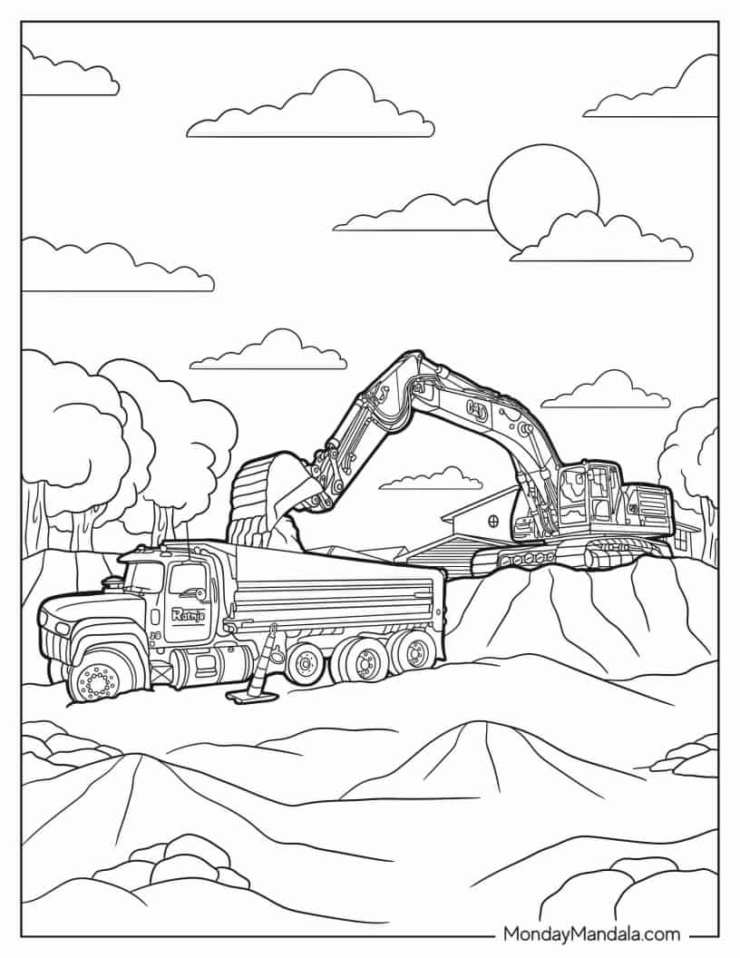 Excavator Scooping Soil Into Truck coloring page — printable line art
