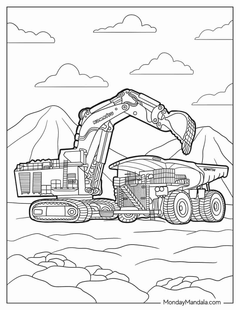 Large Excavator Moving Its Bucket Over Dump Truck coloring page