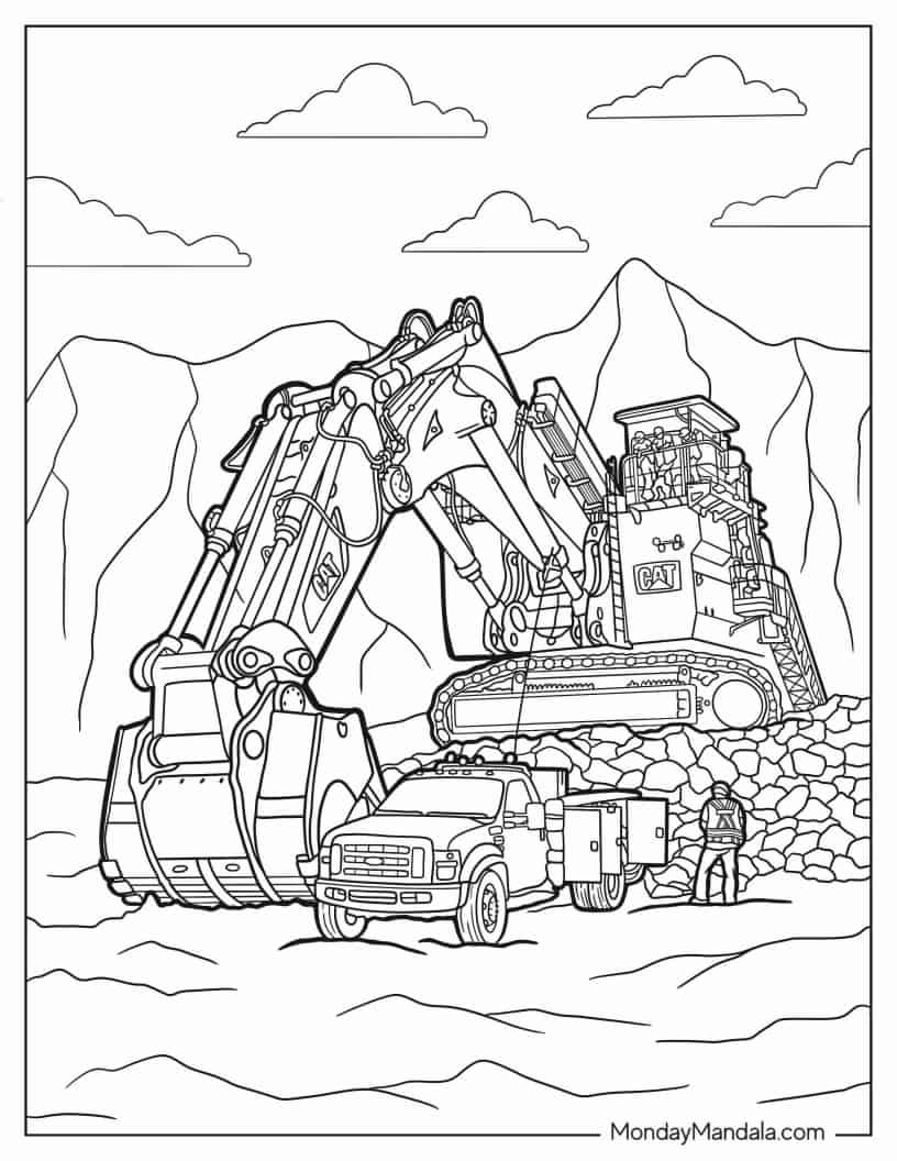 Large Mining CAT Excavator With Bucket To Color coloring page