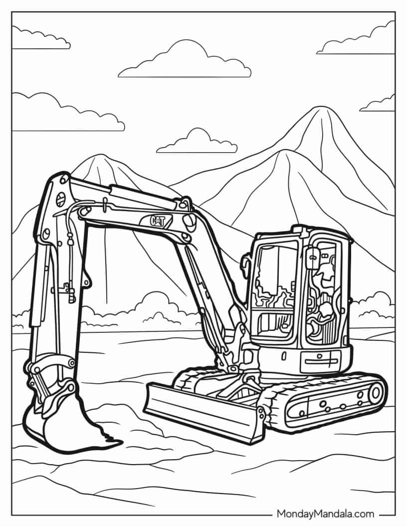Mini Caterpillar Excavator coloring page — printable line art