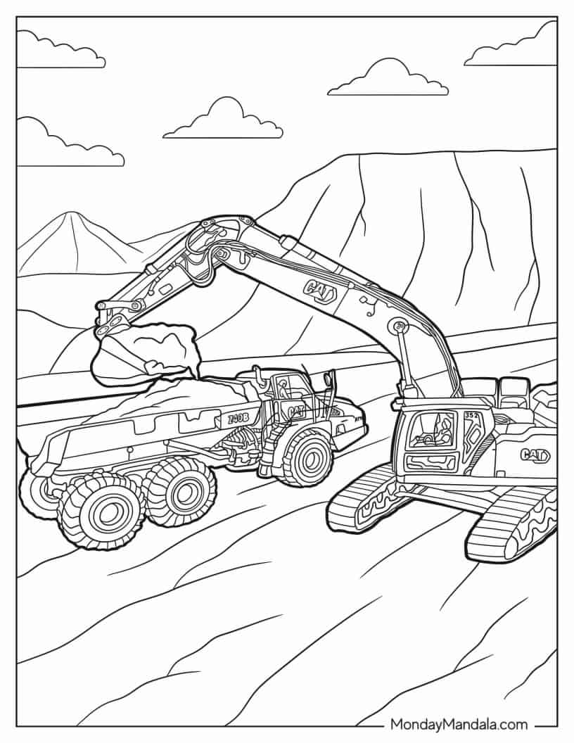 Mining Excavator Dumping Rocks Onto Truck coloring page