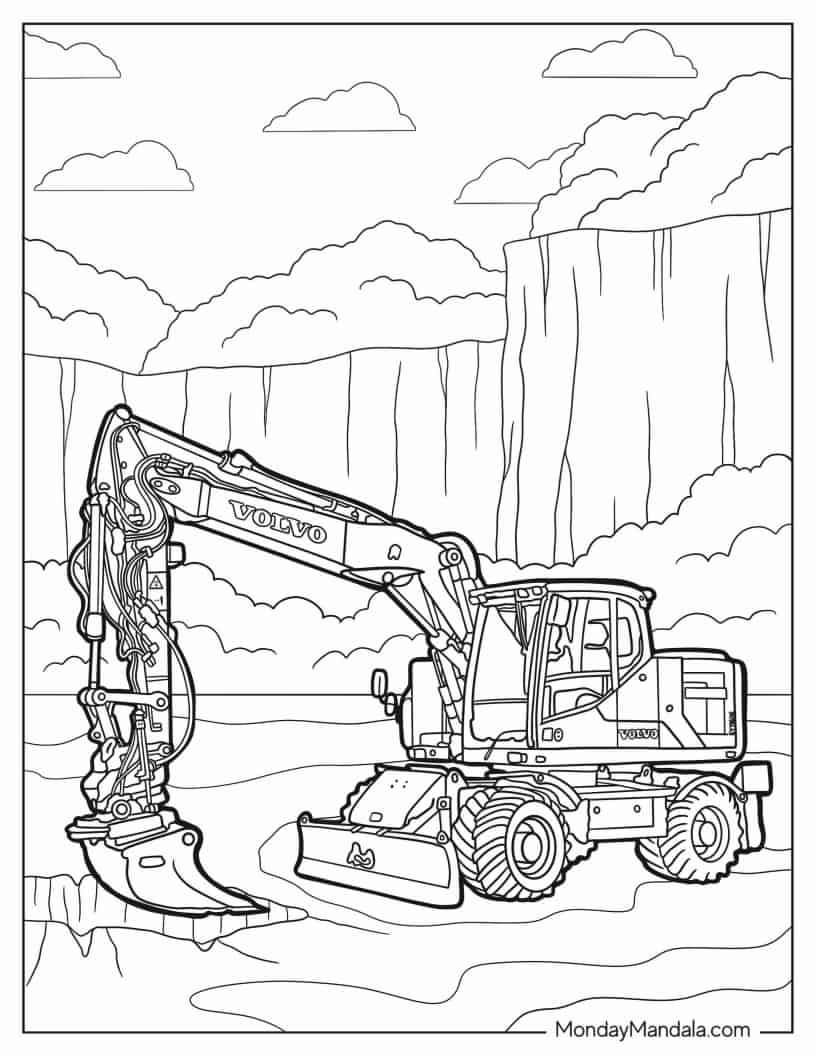 Volvo Excavator With Wheels To Color coloring page — printable line art