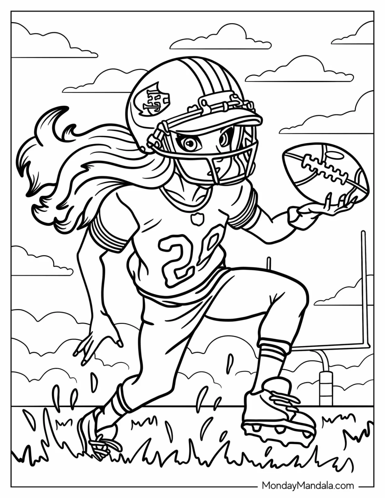 Female Football Coloring Page  Player Running On Grass With Ball For Kids coloring page
