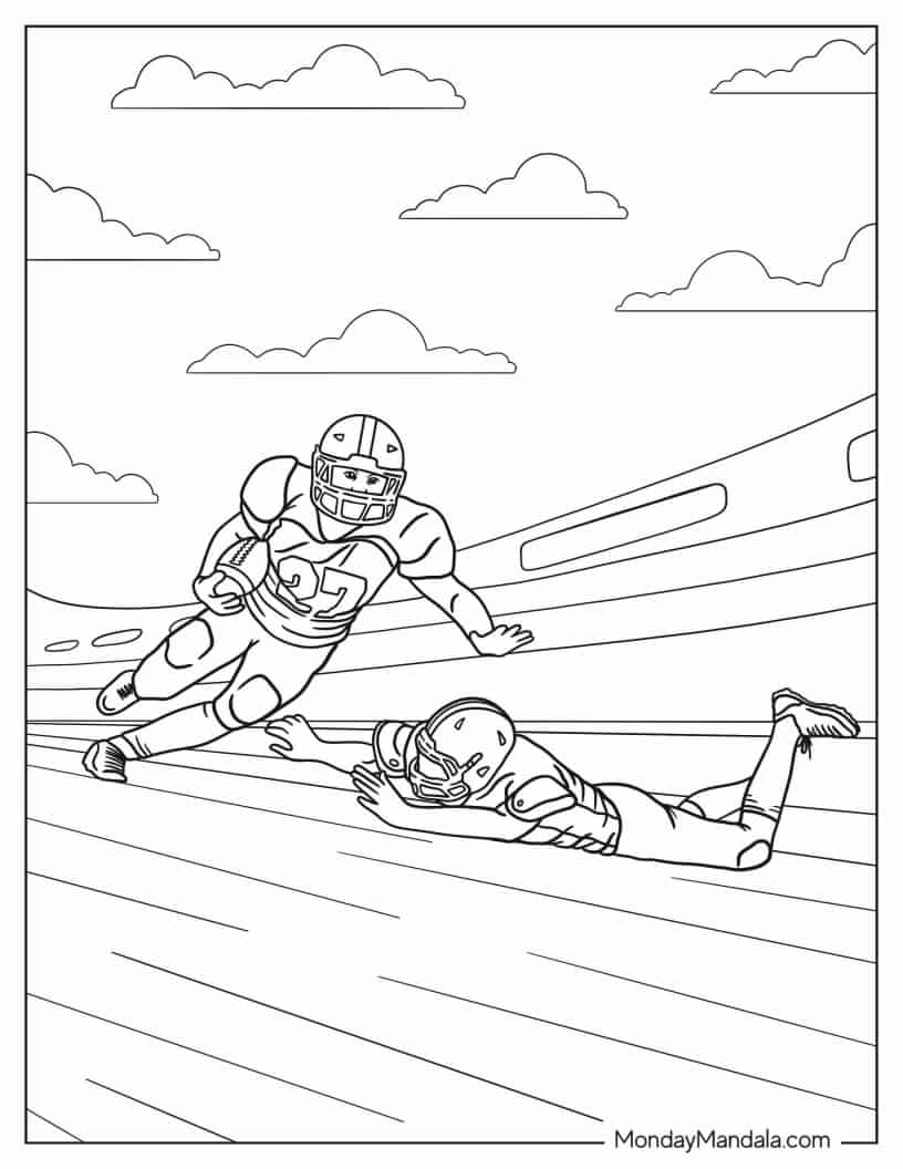Football Player Dodging a Tackler coloring page — printable line art