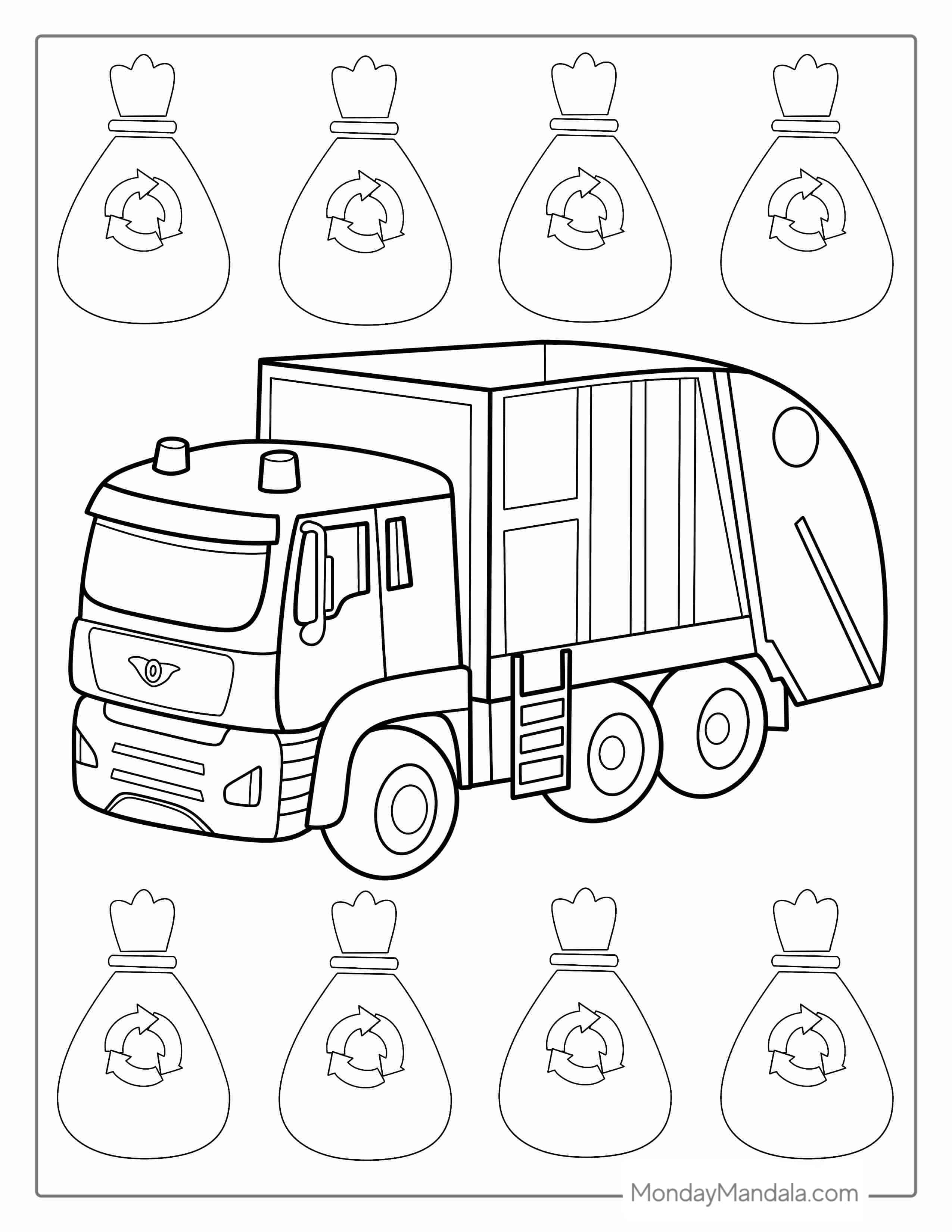 Coloring Page Of a Garbage Truck With Recycling Symbols coloring page