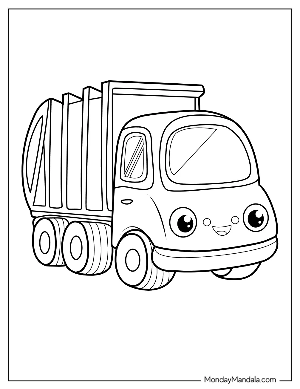 Cute Smiling Garbage Truck Coloring Page With Big Eyes For Preschoolers coloring page