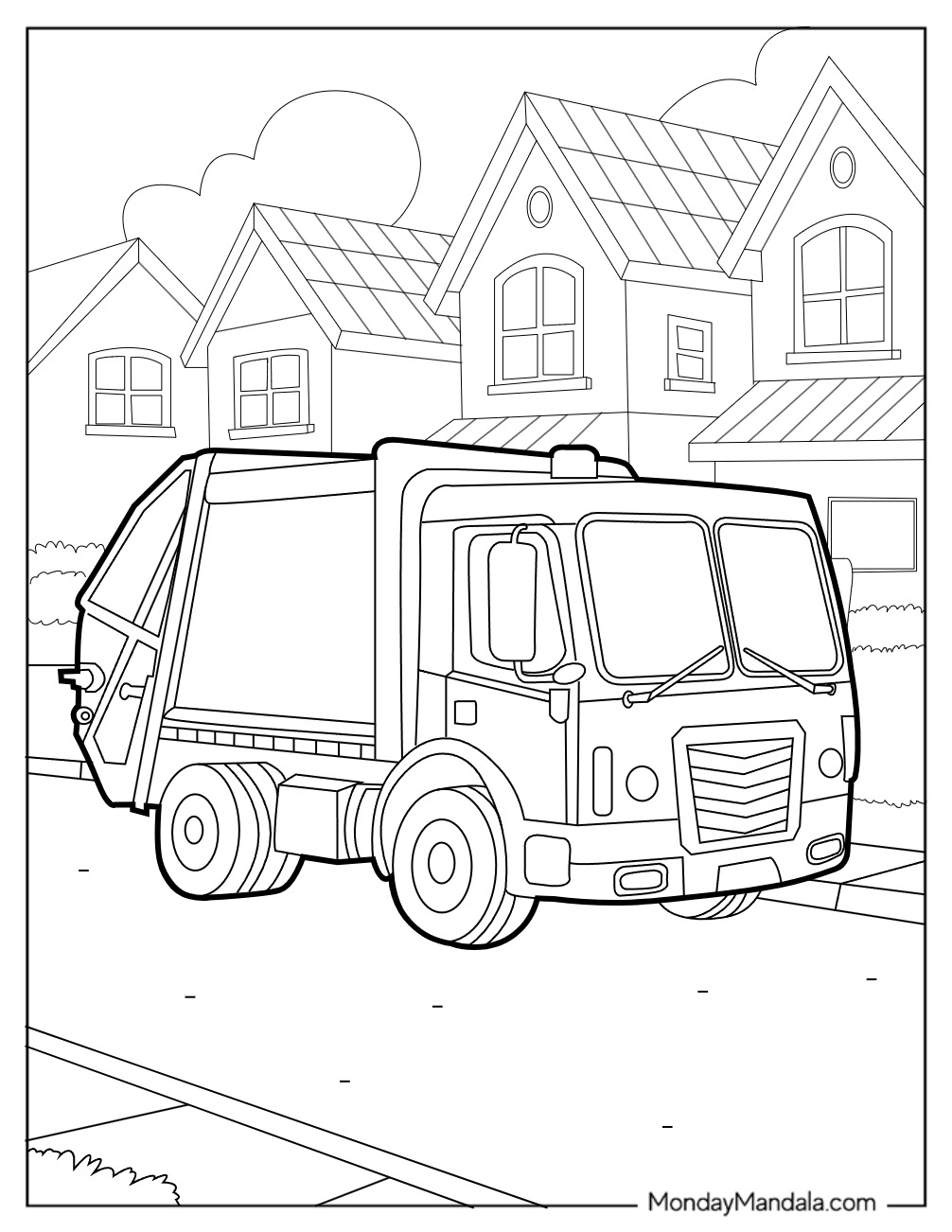 Detailed Garbage Truck Coloring Page Parked In Front Of Suburban Houses coloring page