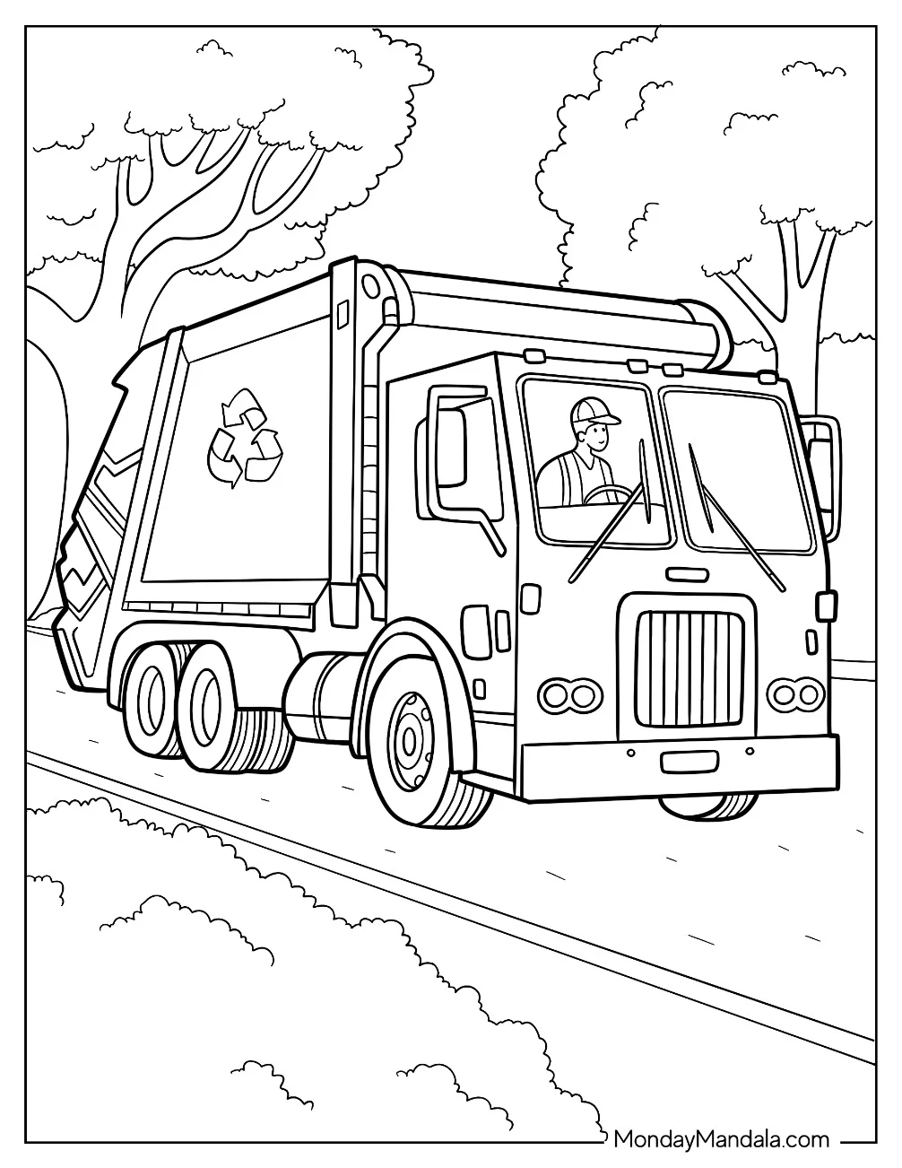Eco Friendly Garbage Truck Coloring Page With Recycling Symbol And Driver coloring page — printable line art