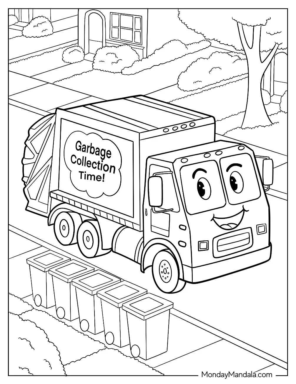 Friendly Cartoon Garbage Truck Coloring Page Driving Through Neighborhood coloring page